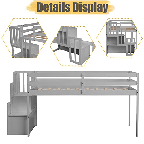 CITYLIGHT Twin Size Low Loft Bed for Kids, Low Loft Bed Wood with Stairs and Storage for Girls, Boys, Wood Slat Support, Gray CITYLIGHT