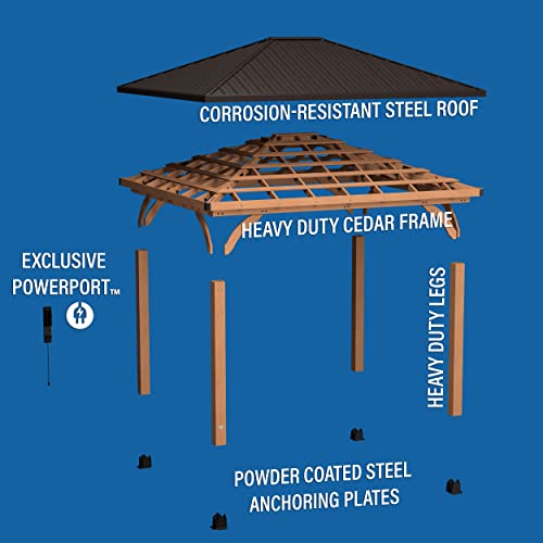 Backyard Discovery Barrington 14 ft. x 12 ft. Hip Roof Cedar Wood Gazebo Pavilion, Shade, Rain, Hard Top Steel Metal Roof, All Weather Protected, Wind Resistant up to 100 mph, Holds up to 106 - WoodArtSupply