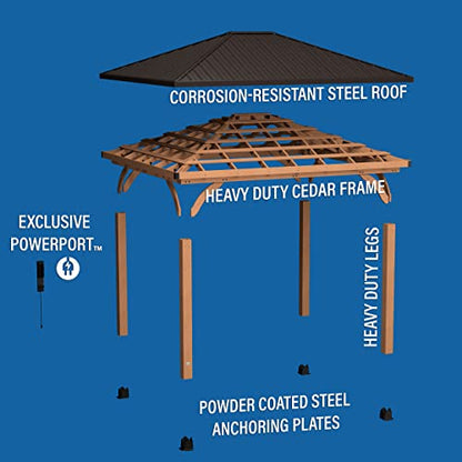 Backyard Discovery Barrington 14 ft. x 12 ft. Hip Roof Cedar Wood Gazebo Pavilion, Shade, Rain, Hard Top Steel Metal Roof, All Weather Protected, Wind Resistant up to 100 mph, Holds up to 106 - WoodArtSupply