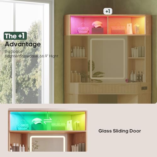 HAUOMS Corner Vanity, with Bag Showcase, LED Lights, Fluted Wood Luxury Makeup Vanity Desk with Mirror, Big Dressing Table with Glass Top, Cabinets, Shelves, Drawers, Charging Station (Oak) HAUOMS