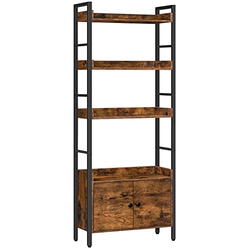 HOOBRO 4-Tier Industrial Bookshelf with Doors and Storage, Rustic Brown and Black - WoodArtSupply