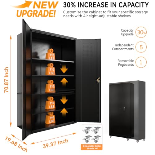 Upgraded Tall & Wide Metal Storage Cabinet with Doors & 4 Adjustable Shelves | Heavy-Duty Black Lockable Garage Cabinet with Wheels & Pegboard for Office, Gym, Basement, Warehouse (Black) basenji