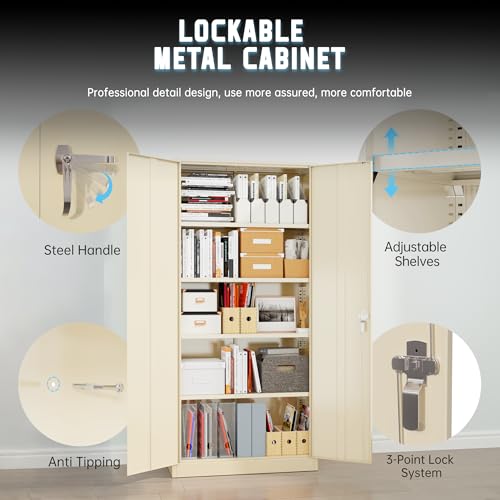 Superday Metal Storage Cabinet with Lock, 72" H Garage Storage Cabinet with Doors and 4 Adjustable Shelves,Putty Steel Locking Cabinets for Office, Home, Garage, Gym, School Superday
