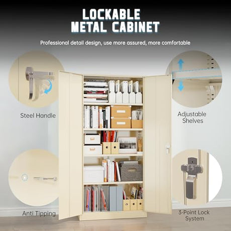Superday Metal Storage Cabinet with Lock, 72" H Garage Storage Cabinet with Doors and 4 Adjustable Shelves,Putty Steel Locking Cabinets for Office, Home, Garage, Gym, School Superday