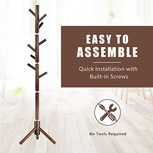 Haddockway Wooden Coat Rack Stand with 8 Hooks New Zealand Pine 3 Adjustable Coat Standing Tree Easy Assembly for Coats, Hats, Scarves and Handbags for Entryway, Hallway, Bedroom, Office