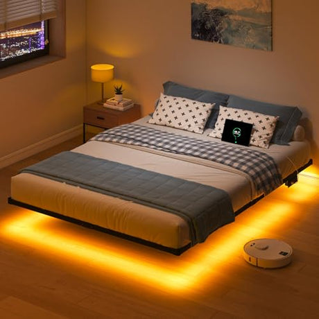 HAVONIZD Queen Floating Bed Frame with LED Lights and Charging Station - 10 inch Platform Bed Frame No Box Spring Needed, Easy Assembly HAVONIZD