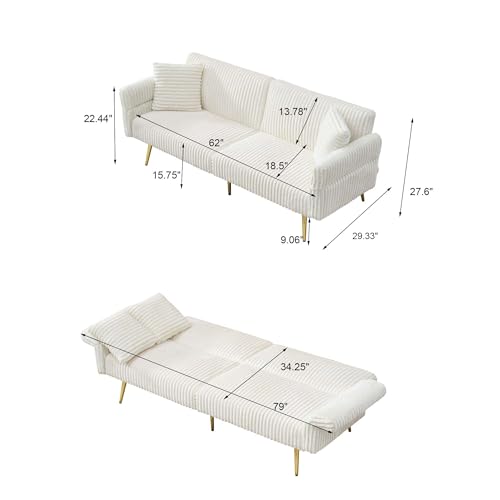 Japovker 79'' White Futon Sofa Bed, Corduroy Upholstered Folding Loveseat Couch with Adjustable Backrest and Armrests,Sleeper Sofa with Gold Metal Legs for Small Space Living Room (White) Japovker