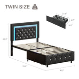 BarnFurin Twin Bed Frames with LED Lights and Storage Drawers, Upholstered Bed Frame with Diamond Headboard, Faux Leather Modern Platform Bed, Wooden Slats Support, No Box Spring Needed, Black BarnFurin
