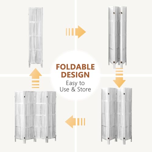 Asnefeli Wood Room Divider 4 Panel, 5.6 FT Tall Room Divider and Folding Privacy Screen, Partition Divider for Room Separation, Wooden Wall Divider Screen for Home Office Bedroom (Retro White) Asnefeli