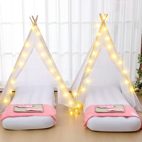 Windyun 4 Pack Kids Teepee Tent for Slumber Party with Mattress and Lights, Sleepover Tents for Girls Boys Indoor Outdoor Cotton Teepee with Airbed Tray Blanket Birthday Party Supplies(White) Windyun