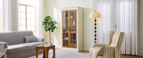 PAXIPEX 71" Rustic Farmhouse Display Cabinet, Display Case with Lattice Glass Doors, Curio Cabinet with Adjustable Shelves for Home Living Room Office, Brown,Cream White PAXIPEX