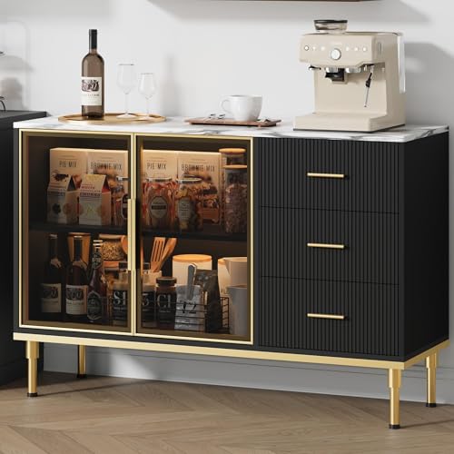 GAOMON Buffet Sideboard Cabinet with Storage, 46.4" Large Fluted Kitchen Sideboard Cabinet with 2 Glass Doors 3 Drawers and Shelves, Faux Marble Top Buffet Table for Dining Room, Living Room, Black GAOMON