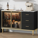 GAOMON Buffet Sideboard Cabinet with Storage, 46.4" Large Fluted Kitchen Sideboard Cabinet with 2 Glass Doors 3 Drawers and Shelves, Faux Marble Top Buffet Table for Dining Room, Living Room, Black GAOMON
