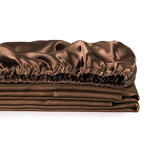 Satin Fitted Sheet, Twin Fitted Sheet Only, 1 - Piece Ultra Soft Deep Pocket Single Silk Bottom Bed Sheet Twin - Brown Luxbedding