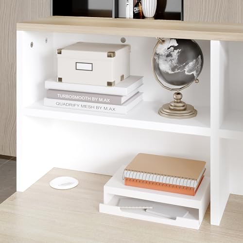 WOODTIME 55" W Reception Desk with Lockable Drawer, Door & Open Shelves, Modern Front Counter Table Office Reception Counter for Checkout, Store, Salon, White & Natural