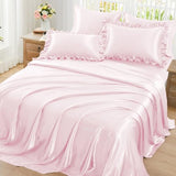 Homiest Ruffled Satin Sheets Queen Size 6pc Set - Blush Pink Bed Sheet Set with 15 Inch Deep Pocket Fitted Sheet, 1 Flat Sheet, 2 Ruffled Pillow Shams & 2 Pillowcases, Similar to Silk Sheets Homiest