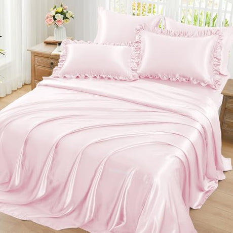 Homiest Ruffled Satin Sheets Twin Size 4pc Set - Blush Pink Bed Sheet Set with 15 Inch Deep Pocket Fitted Sheet, 1 Flat Sheet, 1 Ruffled Pillow Shams & 1 Pillowcases, Similar to Silk Sheets Homiest