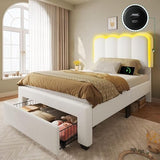 YITAHOME Twin Size Bed Frame with Drawer, Adjustable Headboard with Charging Station and LED Lights, Upholstered Platform Bed with Heavy Duty Wood Slats, No Box Spring Needed, Easy Assembly, Beige YITAHOME
