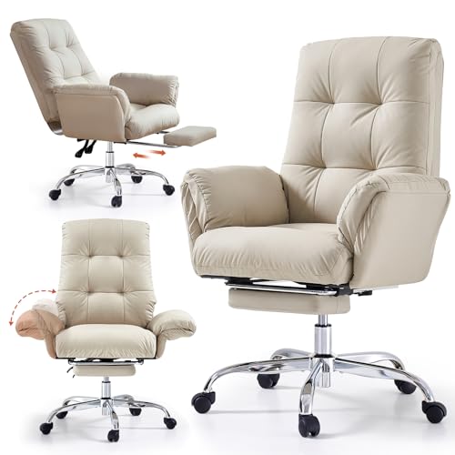 EMIAH Office Chair with Foot Rest Criss Cross Chair with Wheels and Flip-up Arms Reclining Desk Chair Comfy Wide Seat PU Leather Rolling Computer Home Office Chair (Beige) EMIAH