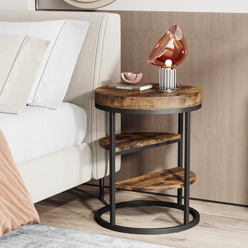 Tribesigns Round End Table, Small End Table with 3 Storage Shelves, Wood Side Table for Small Spaces, Industrial Sofa Side Table for Living Room, Rustic Brown Nightstand and Bedside Table for - WoodArtSupply