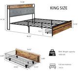 King Size Metal Platform Bed Frame with 2 Storage Drawers, LED Light, Velvet Headboard with USB Port - Heavy Duty, Brown Wooden Panel, No Box Spring Needed - King Bed Frame with Storage (Brown, King) LUBEDCY