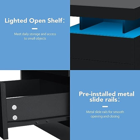 HOMMPA LED Nightstand with Wireless Charging Station 2 Outlets USB Port Type C Black Bedside Table with 3 Drawers Modern Smart LED Nightstand Tall 26.8in High Gloss Night Table with Light for Bedroom HOMMPA