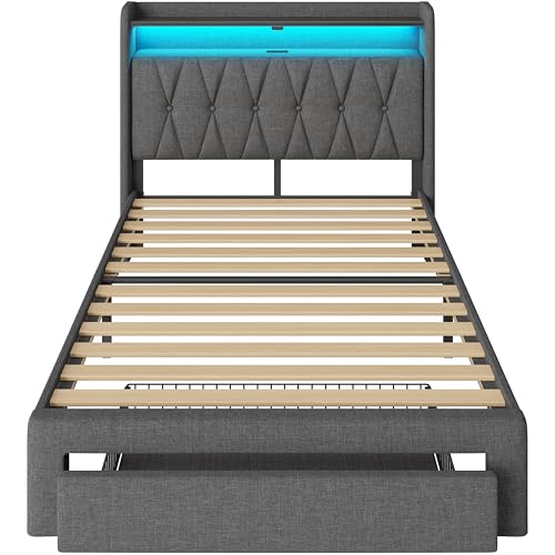 Rolanstar Twin Bed Frame with Drawer, Storage Headboard with Charging Station and LED Lights, Upholstered Bed with Heavy Duty Wood Slats, No Box Spring Needed, Noise Free, Easy Assembly, Dark Grey Rolanstar