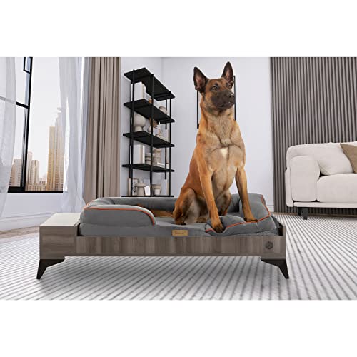 TailZzz Wooden Dog Bed with Mattress, Large to Extra Large Water-Resistant Elevated Pet Bed, Wooden Pet Bed with Storage, Greenguard Gold Certified, Machine Washable, Smokey Grey, Wyatt TailZzz