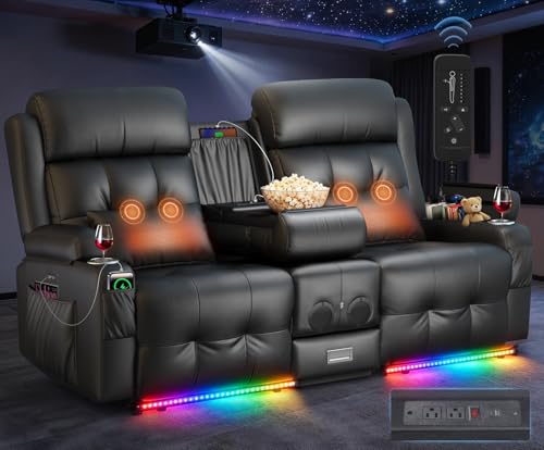 Home Theater Seating, Power Loveseat Recliner Sofa with Massage & Heating, Wall Hugger RV Couch with LED Lights & Built-in Speakers, Flip Backrest, Drawer, USB & Type-C Charging, Cup Holders, Pillows