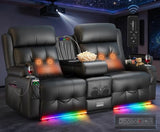 Home Theater Seating, Power Loveseat Recliner Sofa with Massage & Heating, Wall Hugger RV Couch with LED Lights & Built-in Speakers, Flip Backrest, Drawer, USB & Type-C Charging, Cup Holders, Pillows