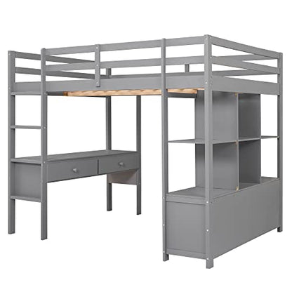 BOVZA Full Size Gray Wooden Loft Bed with Built-in Desk, Drawers, and Shelves