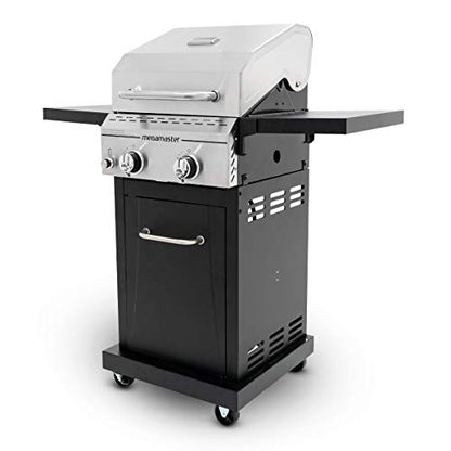 Megamaster 2-Burner Propane Barbecue Gas Grill with Foldable Side Tables, Perfect for Camping, Outdoor Cooking, Patio, Garden Barbecue Grill, 28000 BTUs, Silver and Black, 720-0864MA