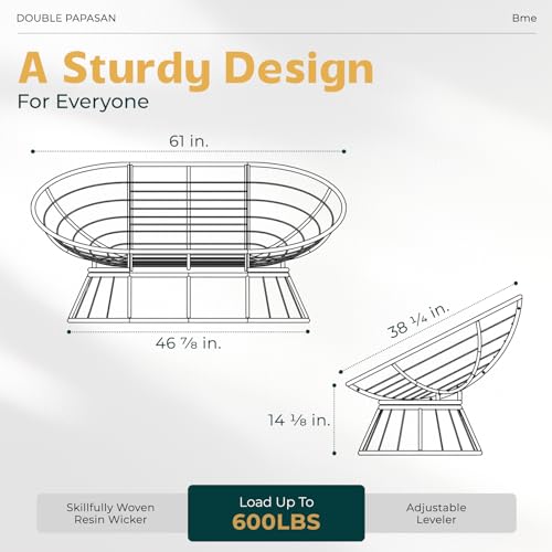 Bme 61" Beige - Black Frame Double Papasan Chair with 600lbs Capacity, Ergonomic Design, Soft Thick Fabric Cushion, High Capacity Steel Frame for Any Room Bme