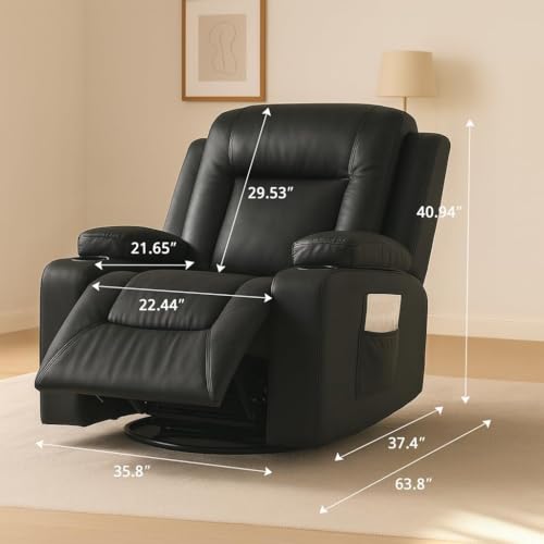 COMHOMA Recliner Chair,PU Rocking Chair for Adults,Swivel Recliner with Cup Holders,Single Sofa Seat with Side Pockets for Living Room,Bedroom(Black)