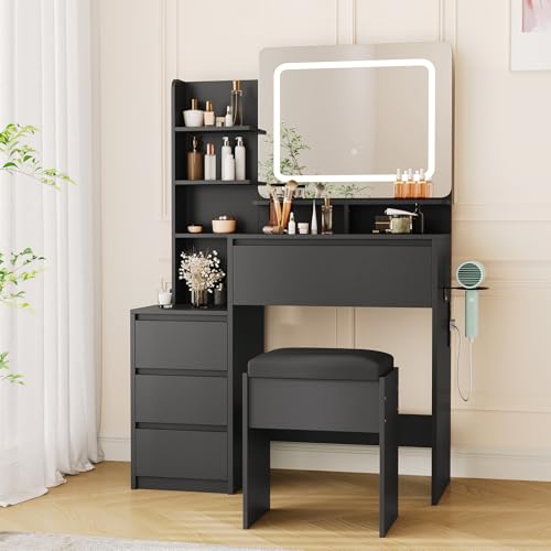 GarveeHome Vanity Desk with Mirror and Lights, Makeup Vanity with Power Outlet, 3 Color Adjustable Light, Dressing Table with 4 Drawers, Storage Shelves & Stool for Bedroom, Black GarveeHome