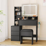 GarveeHome Vanity Desk with Mirror and Lights, Makeup Vanity with Power Outlet, 3 Color Adjustable Light, Dressing Table with 4 Drawers, Storage Shelves & Stool for Bedroom, Black GarveeHome