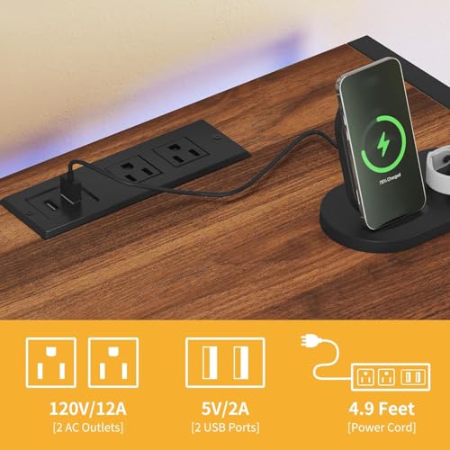 DWVO 3-Tier Vinyl Record Stand with Power Outlets & RGB LED Lights – Holds 300+ Albums, Sturdy Metal Frame Turntable Table for Living Room, Walnut Finish Media Storage Cabinet DWVO