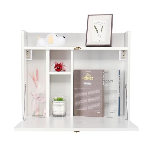 YUSING Wall Mounted Table, Multifunctional Fold Down Wall Mounted Laptop Computer Desk with Storage Compartments for Home, Office, White YU YUSING