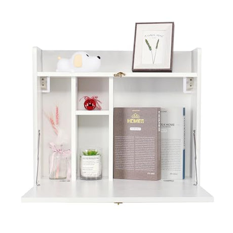 YUSING Wall Mounted Table, Multifunctional Fold Down Wall Mounted Laptop Computer Desk with Storage Compartments for Home, Office, White YU YUSING