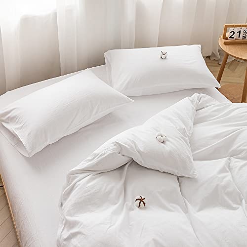 FACE TWO FACE Bedding Duvet Cover Set 3 Pieces 100% Washed Cotton Duvet Cover Linen Like Textured Breathable Durable Soft Comfy (Queen, White) FACE TWO FACE
