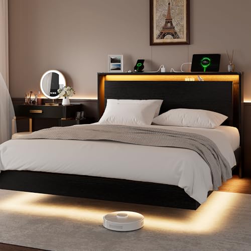 Einhomn Full Size Bed Frame with LED Lights & Charging Station – Kids Wood Floating Bed Frame with Storage Headboard, Adhesive Slats, Kick-Free & Noise-Free Design, Easy Assembly, Black Einhomn