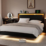 Einhomn Full Size Bed Frame with LED Lights & Charging Station – Kids Wood Floating Bed Frame with Storage Headboard, Adhesive Slats, Kick-Free & Noise-Free Design, Easy Assembly, Black Einhomn