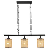Elysian - 3 Lights Island With Natural Shade Farmhouse Chain Ceiling Lamp - Black / Rattan