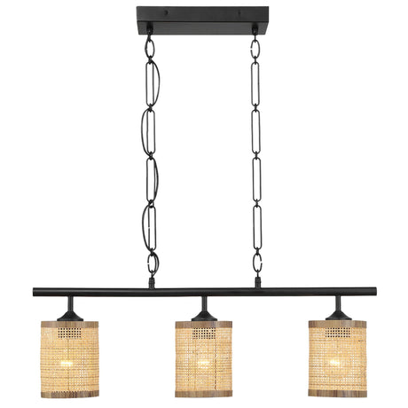 Elysian - 3 Lights Island With Natural Shade Farmhouse Chain Ceiling Lamp - Black / Rattan HouseOfZazla