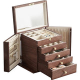 CHOSIN Black Walnut Wooden Jewelry Box for Women Classical Wooden with Two Side Doors 5-Layer with Mirror 5 Big Drawers Watch Necklace Ring Earring CHOSIN