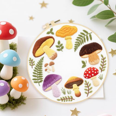 ACRNIGHEET 5PCS Embroidery Kit for Beginners Adults, Mushroom Embroidery Kit, Embroidery Starter Kit with Instructions, Including 5 Stamped Embroidery Cloth Hoops Threads, Crafts Gift Idea ACRNIGHEET