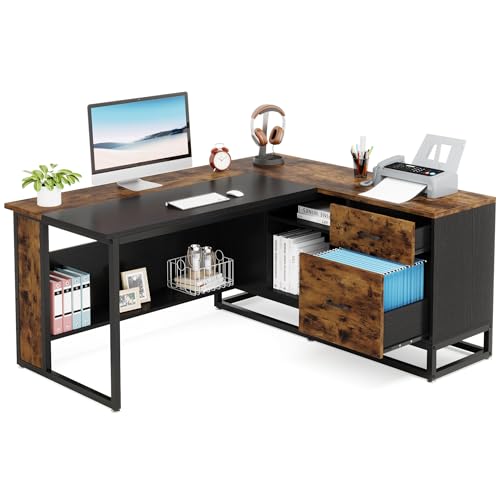 Tribesigns 63" L-Shaped Executive Desk, Large Office Desk with Drawers and Shelves, Rustic Long Business Furniture Desk with File Cabinet Storage Space, Home Office Workstation, Brown & Black - WoodArtSupply