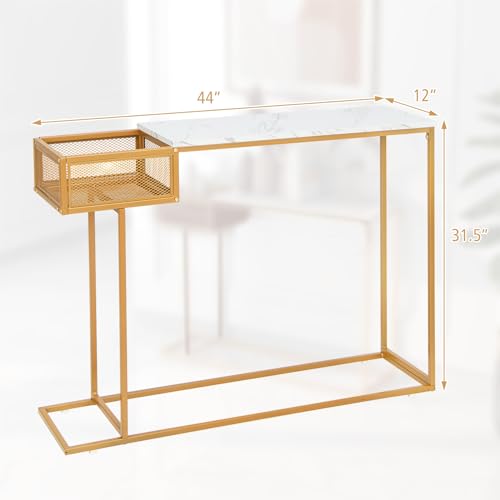 Giantex Narrow Console Table with Storage - Gold Sofa Table with Storage Basket, Sturdy Metal Frame, Modern Entryway Table, Entry Table for Living Room, Hallway, Corridor, Foyer Table, Gold & White Giantex