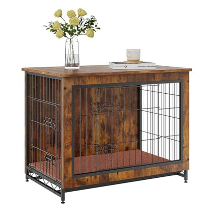 VEVOR Dog Crate Furniture, 32 inch Wooden Dog Crate with Double Doors, Heavy-Duty Dog Cage End Table with Multi-Purpose Removable Tray, Modern Dog Kennel Indoor for Dogs up to 45lb, Rustic Br - WoodArtSupply