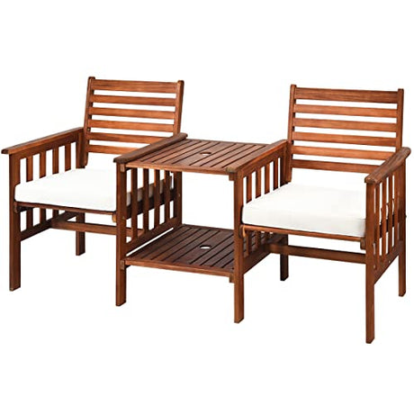 Tangkula Acacia Wood Loveseat, 3pcs Outdoor Table Chairs Set, Patio Conversation Set w/Coffee Table and Soft Cushions, 2.1-inch Umbrella Hole, 2-Seater Furniture Set (White) Tangkula